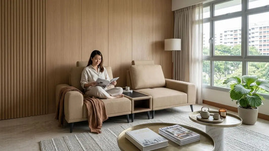 Beige sectional sofa in a modern Singapore HDB living room, showing a space-saving layout for comparing sectional and L-shaped sofas