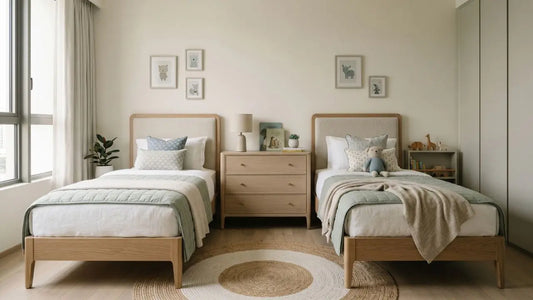 Shared children’s bedroom with two wooden single beds, green bedding, framed wall art, and a chest of drawers in a bright Singapore apartment.