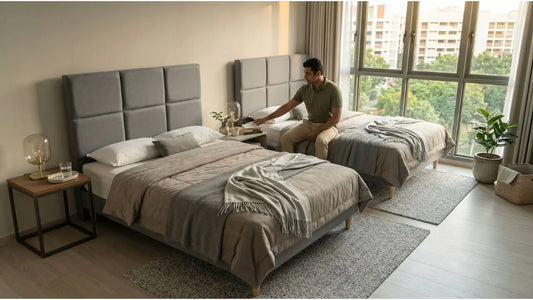 Shared HDB bedroom with two grey upholstered bed frames, clear walkway and practical bedside storage