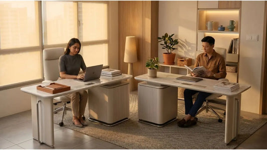 Shared home office with two white study desks, office chairs, warm lighting and practical storage shelves