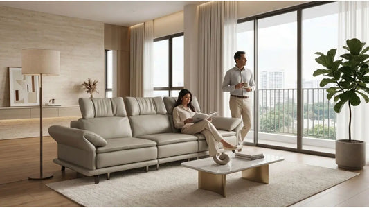 Couple viewing a beige sofa in a bright condo living room, showing how showroom visits help compare sofa size and comfort