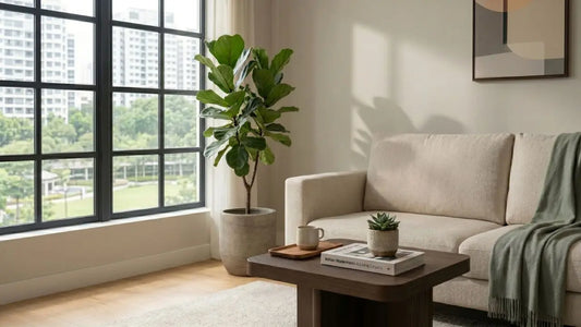 Side table beside a beige sofa in a bright Singapore living room with warm wood tones and HDB view
