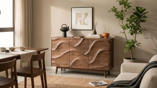 Wooden sideboard buffet in a Singapore living and dining room with warm natural light
