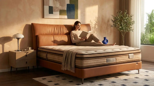 Woman reading on an older mattress in a bright bedroom, showing signs it may be time to replace your mattress.