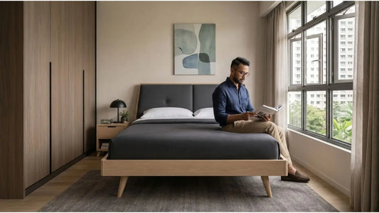 Man reading on a wooden bed frame in a Singapore bedroom with built-in wardrobes and city views