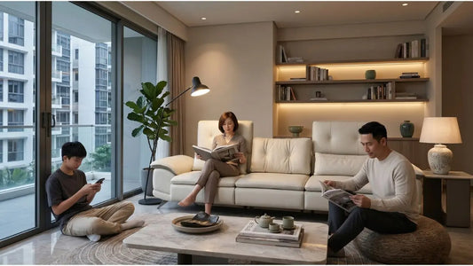 Family relaxing in a Singapore condo living room with floor lamp, shelf lighting, and warm accent lights