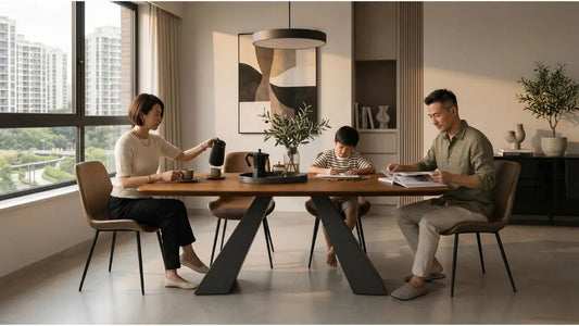 Singapore family using a wooden dining table for daily meals, reading and study in a modern home
