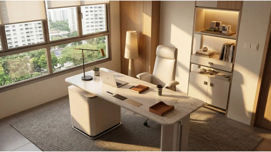Bright Singapore home study with desk lamp, floor lamp, and storage lighting for a comfortable work setup