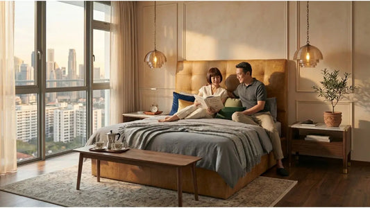 Singapore bedroom with tan upholstered bed frame, city view, and Italian-inspired comfort-focused design
