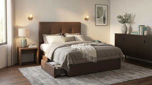 Single bed with brown upholstered storage frame in a calm Singapore bedroom with bedside table and cabinet