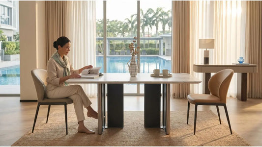 Sintered stone dining table with upholstered chairs in a luxury condo dining room