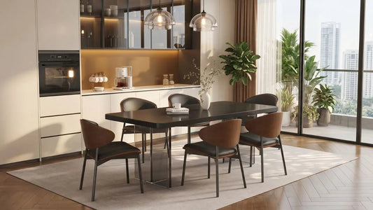 Black sintered stone dining table with leather dining chairs in a modern Singapore condo dining area