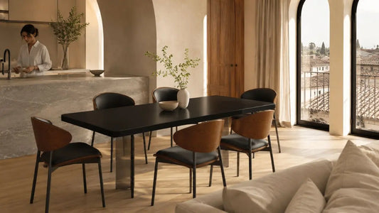 Italian-inspired dining room with a black rectangular dining table and curved wood dining chairs, styled to compare sintered stone and quartz surfaces in a refined modern home.