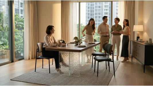 Friends gathered around a rectangular dining table with six chairs in a warm Singapore condo dining area