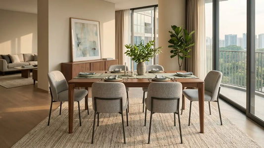 Six-seater wooden dining table in a bright Singapore condo dining area with upholstered chairs and balcony view.