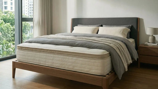 Modern Singapore bedroom with wooden bed frame, upholstered headboard, and layered bedding for a guide to slatted and solid bed bases.