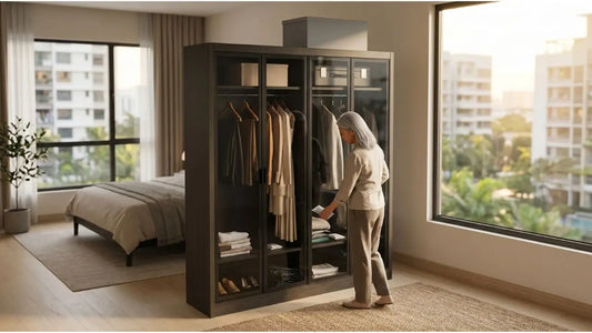 Sliding wardrobe with organised clothing zones for tropical climate bedroom storage