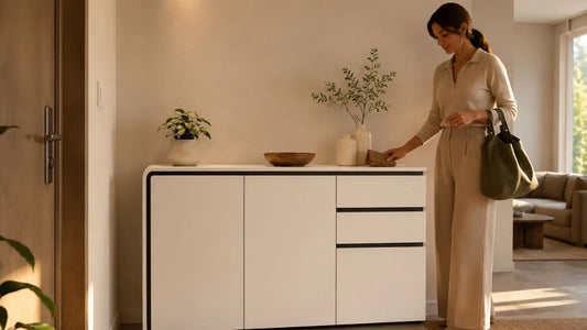 Slim white shoe cabinet in a warm Italian-inspired narrow hallway with elegant neutral styling