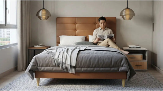 Small bedroom layout with tan bed frame, clear walking space, bedside table and neutral decor
