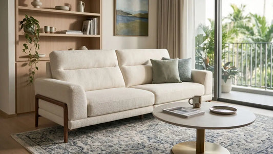 Cream fabric sofa with mid-height backrest in a bright Singapore living room, styled to show sofa backrest height and everyday neck support.