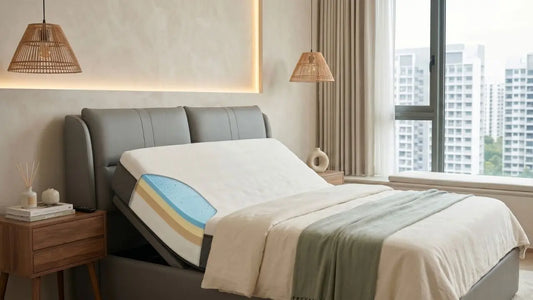 Adjustable sofa bed mattress with visible comfort layers in a modern Singapore bedroom