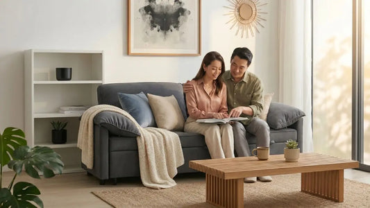 Couple sitting on a grey sofa bed in a bright Singapore living room, showing how sofa bed mechanisms support everyday use.