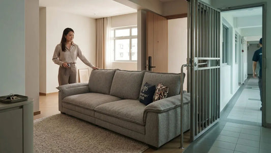 Grey fabric sofa placed inside an HDB living room with the main door and lift access visible, showing sofa delivery and doorway planning.