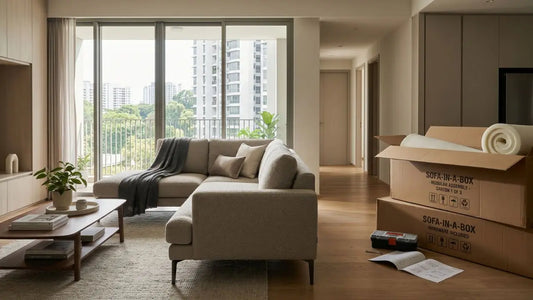 Sofa-in-a-box packaging beside a completed fabric sofa in a modern Singapore apartment living room.