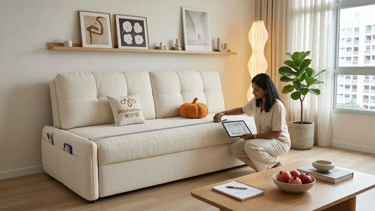 Woman planning sofa placement in a modern living room with a cream sofa, floor plan, and measuring tape