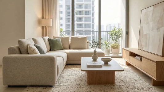 Soft minimalist Singapore living room with beige sectional sofa, wood coffee table, neutral rug, indoor plants, and warm natural daylight.