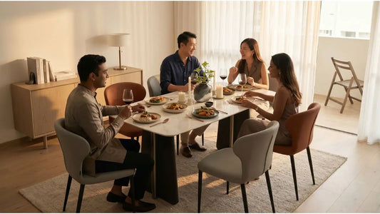 Small group dining comfortably around a space-saving table in a modern HDB dining area