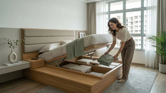 Woman using a gas-lift storage bed in a smaller Singapore bedroom with folded linens and under-bed storage