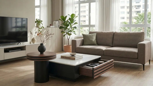 Storage coffee table with open drawer in a bright HDB living room with sofa, TV console, rug, and indoor plants