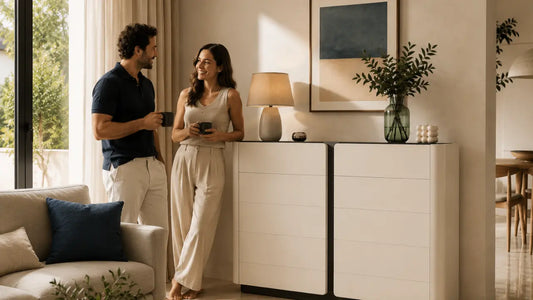 Living room storage in a Singapore home chosen for everyday tidiness and hosting guests