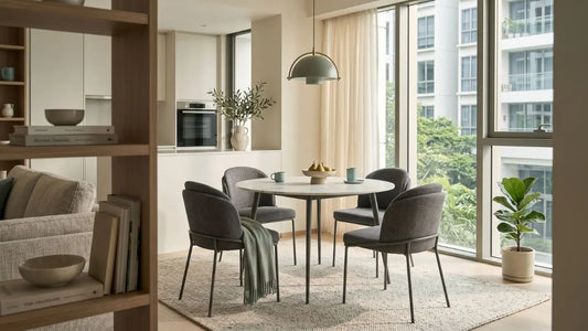 Four-seater round dining set beside a large window in a bright studio home with warm neutral interiors