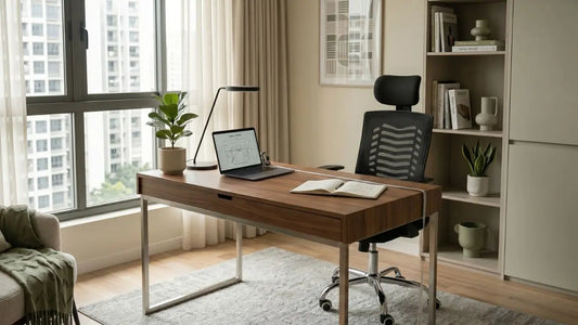 Wooden study table with office chair in a bright Singapore home workspace, showing practical desk depth and ergonomic seating setup.