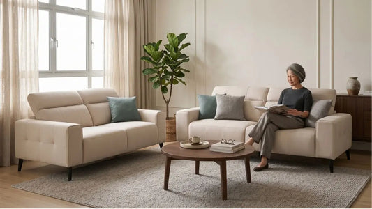 Woman reading on a beige sofa with supportive foam cushions in a calm modern living room