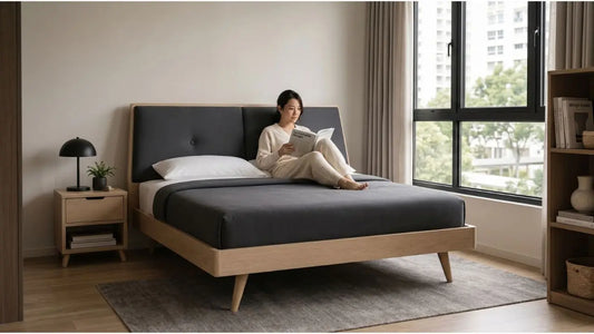 Woman reading on a sustainable wooden bed frame with grey fabric headboard in a minimalist Singapore HDB bedroom