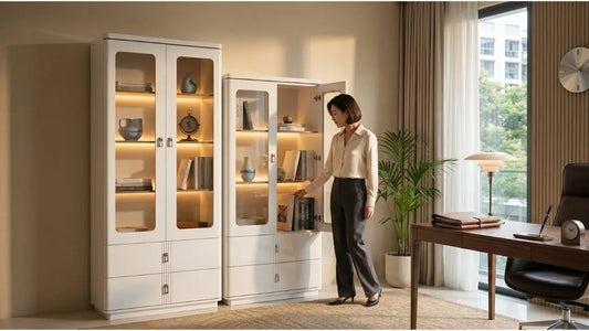 Tall white office storage cabinets with glass doors for an organised Singapore home office