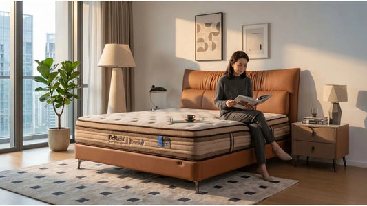 Woman reading on a tan upholstered bed frame with Dr Maxis mattress in a modern condo master suite