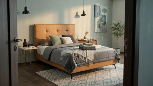 Tan upholstered divan bed styled in a modern Singapore bedroom with soft bedding, bedside tables, pendant lights, and warm natural light.