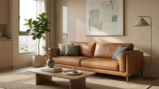 Tan genuine leather sofa in a warm modern Singapore living room with wood coffee table, indoor plants, soft cushions, and natural daylight.