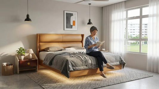 Tan leather floating bed frame with soft under-bed lighting in a bright Singapore HDB bedroom