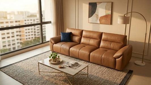 Tan leather four-seater sofa styled with coffee table in a bright Singapore apartment living room