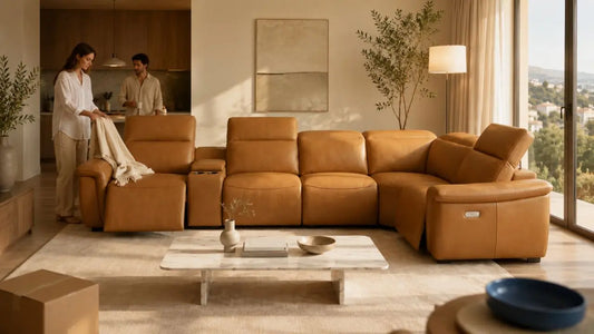 Tan leather recliner sofa in a warm Italian-inspired living room for newly relocated families planning furniture delivery timelines