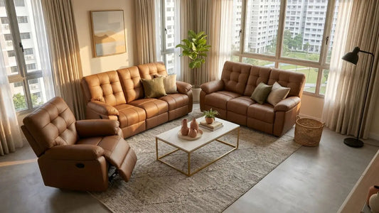 Tan leather sofa set with recliner in a bright Singapore living room showing supportive cushion comfort