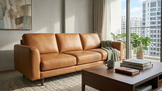 Tan leather sofa in a bright Singapore condo living room beside a balcony and coffee table