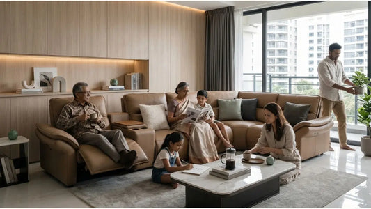 Multi-generational family enjoying a tan sectional sofa in a modern Singapore home with calm neutral interiors