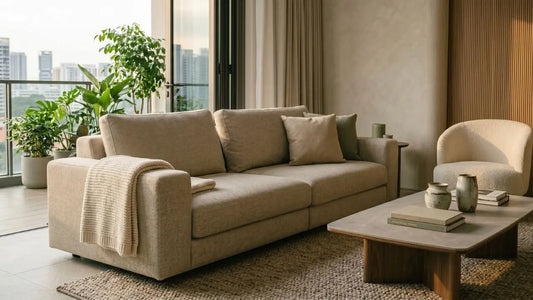 Textured fabric sofa with knitted throw, stone coffee table, indoor plants, and warm neutral finishes in an Italian modern living room