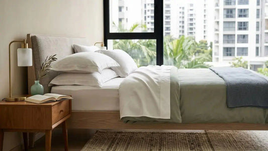Percale cotton bedsheets on a neutral bed in a bright Singapore bedroom with warm wood bedside furniture.